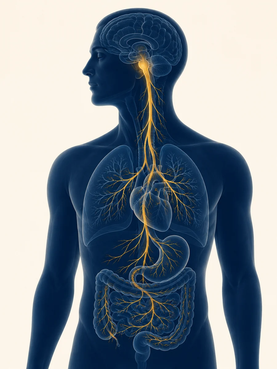 Illustration of the vagus nerve pathway running from the brainstem down through the heart, lungs, stomach, and intestines.